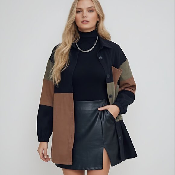 Color Block Drop Shoulder Corduroy Shacket - Picture 1 of 8